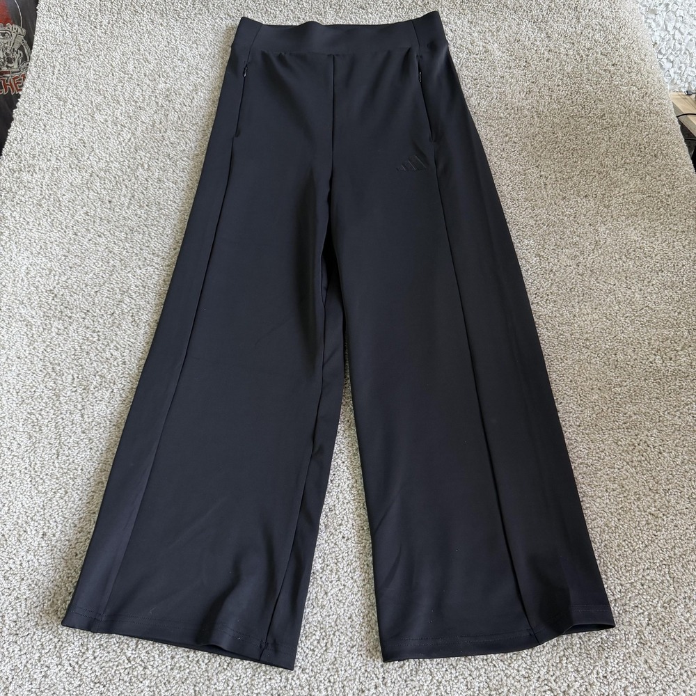 Adidas Track Pants Womens Small Black Wide Leg Pull On Pockets Stretch Gym